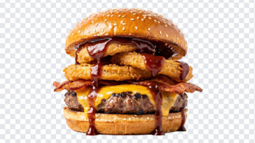 BBQ Bacon Cheeseburger Onion Rings Transparent PNG with realistic style for food blogs, transparent background PNG.