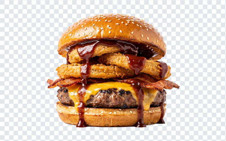 BBQ Bacon Cheeseburger Onion Rings Transparent PNG with realistic style for food blogs, transparent background PNG.
