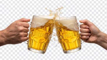 Beer Mugs Cheering Hands Transparent PNG with realistic style for celebrations, transparent background PNG.