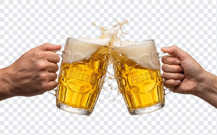Beer Mugs Cheering Hands Transparent PNG with realistic style for celebrations, transparent background PNG.