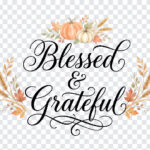 Blessed Grateful Calligraphy Text Pumpkin Wheat with autumn design, perfect for seasonal projects, transparent background PNG.