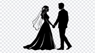Bride And Groom Holding Hands Silhouette PNG, elegant silhouette for wedding designs, transparent background PNG.