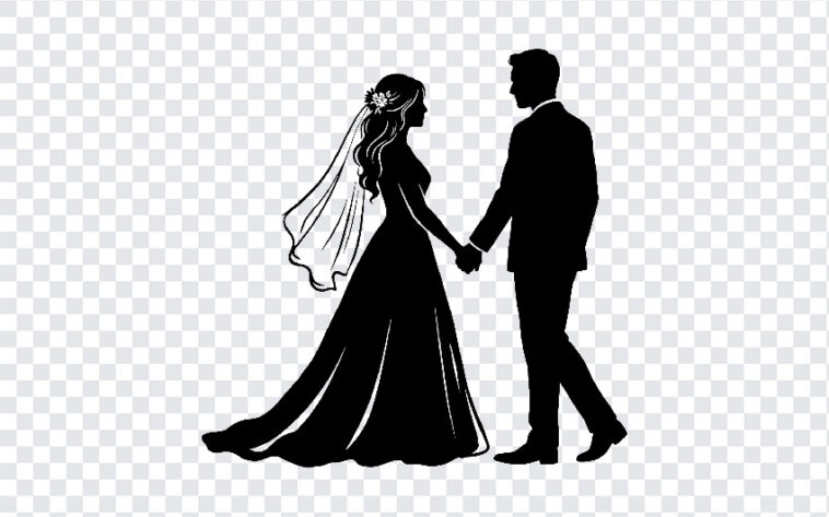 Bride And Groom Holding Hands Silhouette PNG, elegant silhouette for wedding designs, transparent background PNG.