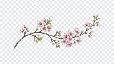 Cherry Blossom Branch Pink Transparent PNG with delicate flowers, ideal for spring designs, transparent background PNG.