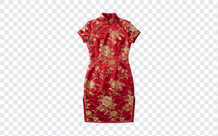 Chinese Silk Qipao Dress Red Transparent PNG with intricate floral design, traditional attire, transparent background PNG.
