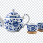 Chinese Tea Set Porcelain Transparent PNG featuring blue floral design, ideal for digital art and design projects, transparent background PNG.