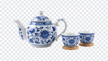 Chinese Tea Set Porcelain Transparent PNG featuring blue floral design, ideal for digital art and design projects, transparent background PNG.