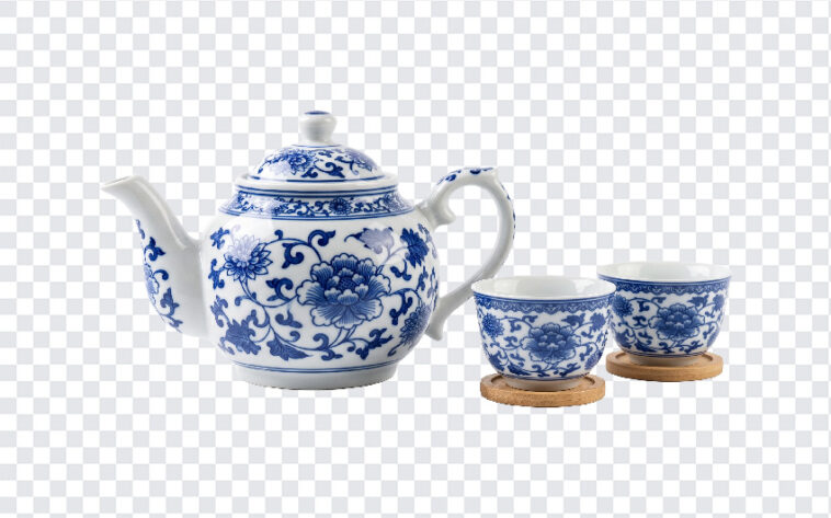 Chinese Tea Set Porcelain Transparent PNG featuring blue floral design, ideal for digital art and design projects, transparent background PNG.