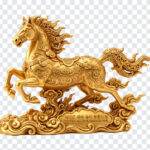 Chinese Zodiac Horse 2026 Gold Transparent PNG, ornate golden sculpture, decorative art, transparent background PNG.