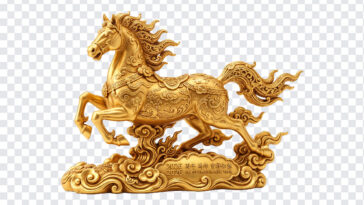 Chinese Zodiac Horse 2026 Gold Transparent PNG, ornate golden sculpture, decorative art, transparent background PNG.