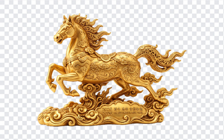 Chinese Zodiac Horse 2026 Gold Transparent PNG, ornate golden sculpture, decorative art, transparent background PNG.