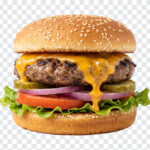 Classic Beef Cheeseburger Transparent PNG with sesame seed bun, ideal for menus and ads, transparent background PNG.