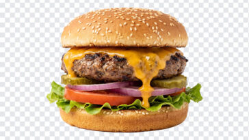 Classic Beef Cheeseburger Transparent PNG with sesame seed bun, ideal for menus and ads, transparent background PNG.