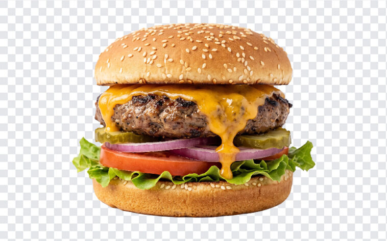 Classic Beef Cheeseburger Transparent PNG with sesame seed bun, ideal for menus and ads, transparent background PNG.