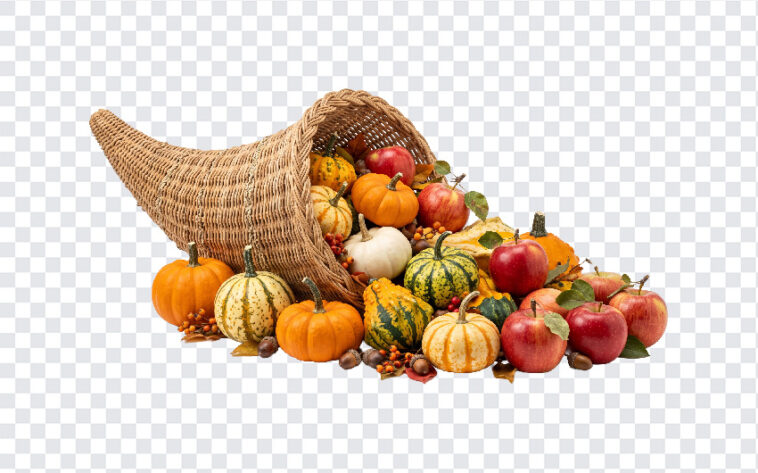 Cornucopia PNG featuring a woven basket overflowing with pumpkins and apples, ideal for fall designs, transparent background PNG.
