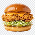 Crispy Buttermilk Fried Chicken Burger Transparent PNG with realistic style for food blogs and menus, transparent background PNG.