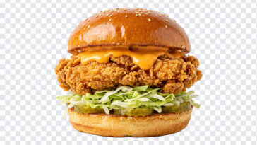 Crispy Buttermilk Fried Chicken Burger Transparent PNG with realistic style for food blogs and menus, transparent background PNG.