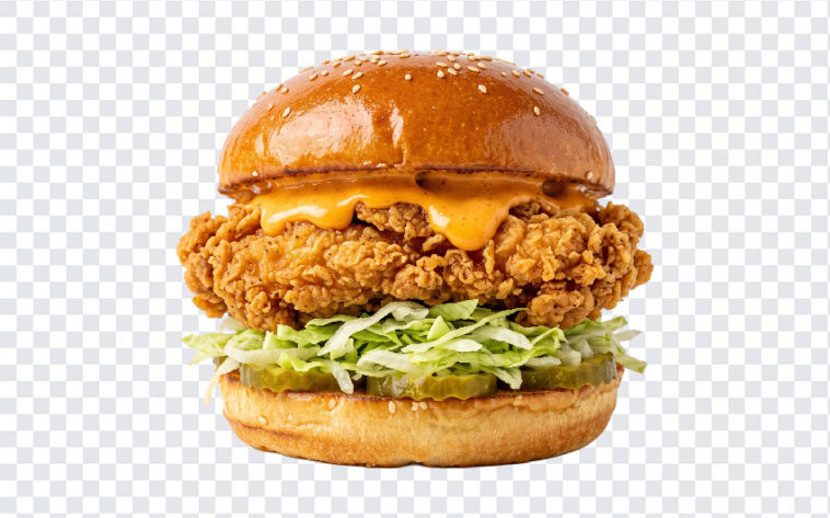 Crispy Buttermilk Fried Chicken Burger Transparent PNG with realistic style for food blogs and menus, transparent background PNG.
