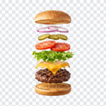 Deconstructed Floating Burger Hovering Ingredients Transparent PNG with layered style, ideal for food blogs and menu designs, transparent background PNG.