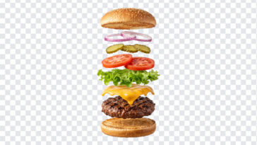 Deconstructed Floating Burger Hovering Ingredients Transparent PNG with layered style, ideal for food blogs and menu designs, transparent background PNG.