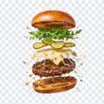 Floating Exploded Gourmet Burger Ingredients Transparent PNG showing layered burger components, ideal for food blogs and design projects with a transparent background PNG.