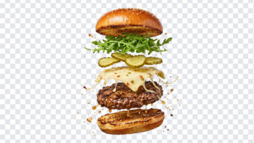 Floating Exploded Gourmet Burger Ingredients Transparent PNG showing layered burger components, ideal for food blogs and design projects with a transparent background PNG.
