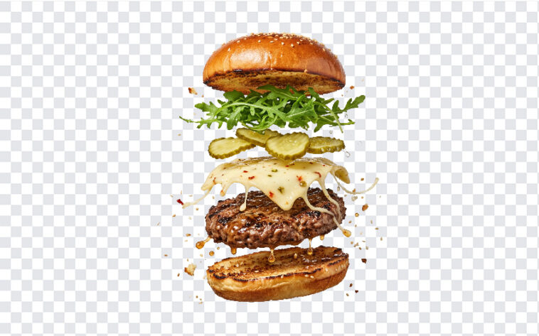 Floating Exploded Gourmet Burger Ingredients Transparent PNG showing layered burger components, ideal for food blogs and design projects with a transparent background PNG.