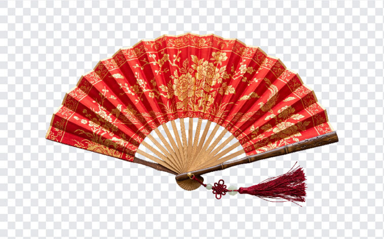 Folding Fan Red Gold Pattern Transparent PNG with intricate design, ideal for digital art and design projects, transparent background PNG.