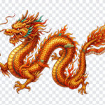Golden Chinese Dragon Flying Transparent PNG in vibrant colors, ideal for cultural designs, transparent background PNG.