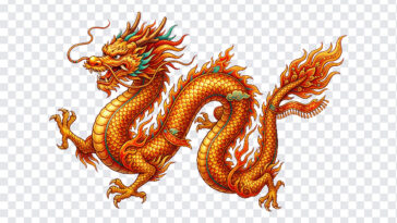 Golden Chinese Dragon Flying Transparent PNG in vibrant colors, ideal for cultural designs, transparent background PNG.