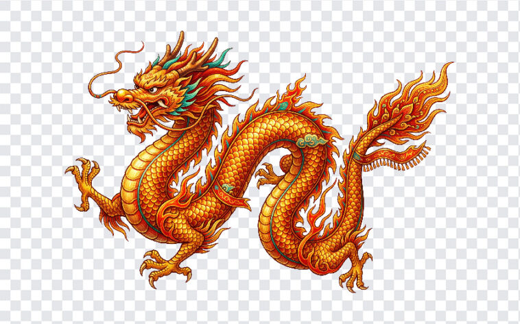 Golden Chinese Dragon Flying Transparent PNG in vibrant colors, ideal for cultural designs, transparent background PNG.