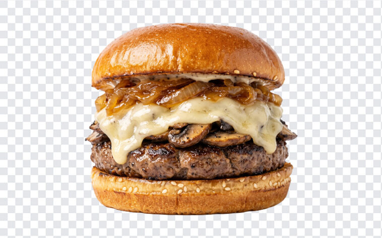 Gourmet Truffle Mushroom Swiss Burger Transparent PNG featuring a delicious burger with a transparent background PNG.