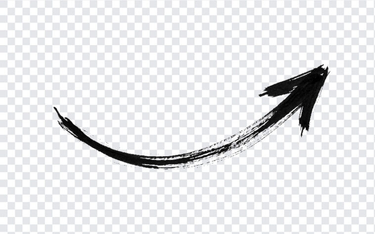 Hand Drawn Arrow Curved Sketch Transparent PNG with artistic brush style for design projects, transparent background PNG.