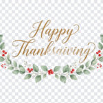 Happy Thanksgiving Script Typography Eucalyptus PNG with elegant design for holiday cards, transparent background PNG.