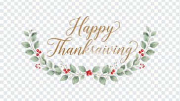 Happy Thanksgiving Script Typography Eucalyptus PNG with elegant design for holiday cards, transparent background PNG.