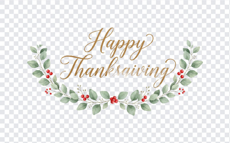 Happy Thanksgiving Script Typography Eucalyptus PNG with elegant design for holiday cards, transparent background PNG.