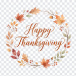 Happy Thanksgiving Text Leaves Watercolor PNG in a wreath design, perfect for holiday cards, transparent background PNG.