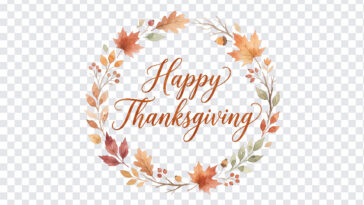Happy Thanksgiving Text Leaves Watercolor PNG in a wreath design, perfect for holiday cards, transparent background PNG.