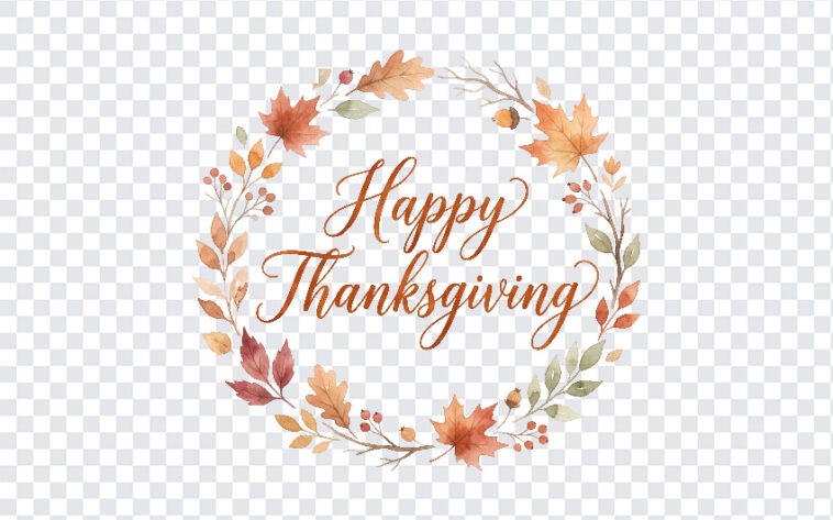 Happy Thanksgiving Text Leaves Watercolor PNG in a wreath design, perfect for holiday cards, transparent background PNG.