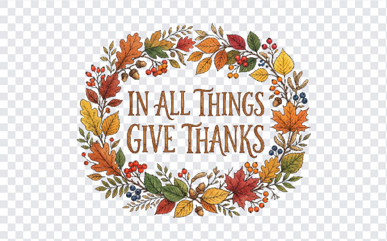 In All Things Give Thanks Typography Autumn Border with decorative leaves, perfect for seasonal designs, transparent background PNG.