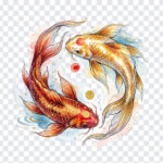 Koi Fish Pair Red Gold Transparent PNG with watercolor style for artistic projects, transparent background PNG.