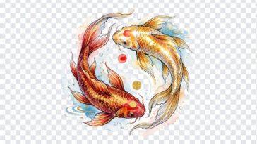 Koi Fish Pair Red Gold Transparent PNG with watercolor style for artistic projects, transparent background PNG.