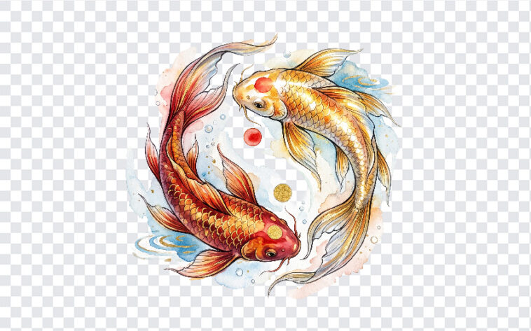 Koi Fish Pair Red Gold Transparent PNG with watercolor style for artistic projects, transparent background PNG.