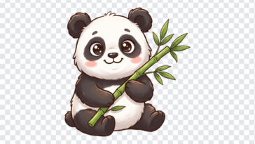 Panda Holding Bamboo Cute Transparent PNG in cartoon style, ideal for digital projects, transparent background PNG.