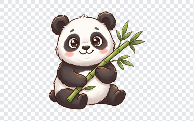 Panda Holding Bamboo Cute Transparent PNG in cartoon style, ideal for digital projects, transparent background PNG.