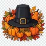 Pilgrim Hat Thanksgiving Graphic PNG with autumn leaves and pumpkins, perfect for seasonal designs, transparent background PNG.
