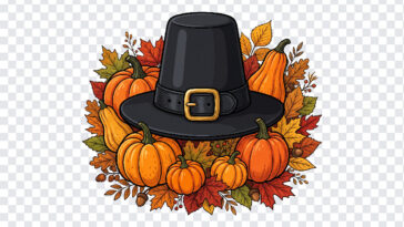 Pilgrim Hat Thanksgiving Graphic PNG with autumn leaves and pumpkins, perfect for seasonal designs, transparent background PNG.