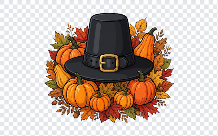 Pilgrim Hat Thanksgiving Graphic PNG with autumn leaves and pumpkins, perfect for seasonal designs, transparent background PNG.