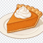 Pumpkin Pie Slice Thanksgiving Graphic PNG featuring a realistic illustration on a plate, perfect for holiday designs and menus, transparent background PNG.