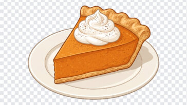 Pumpkin Pie Slice Thanksgiving Graphic PNG featuring a realistic illustration on a plate, perfect for holiday designs and menus, transparent background PNG.